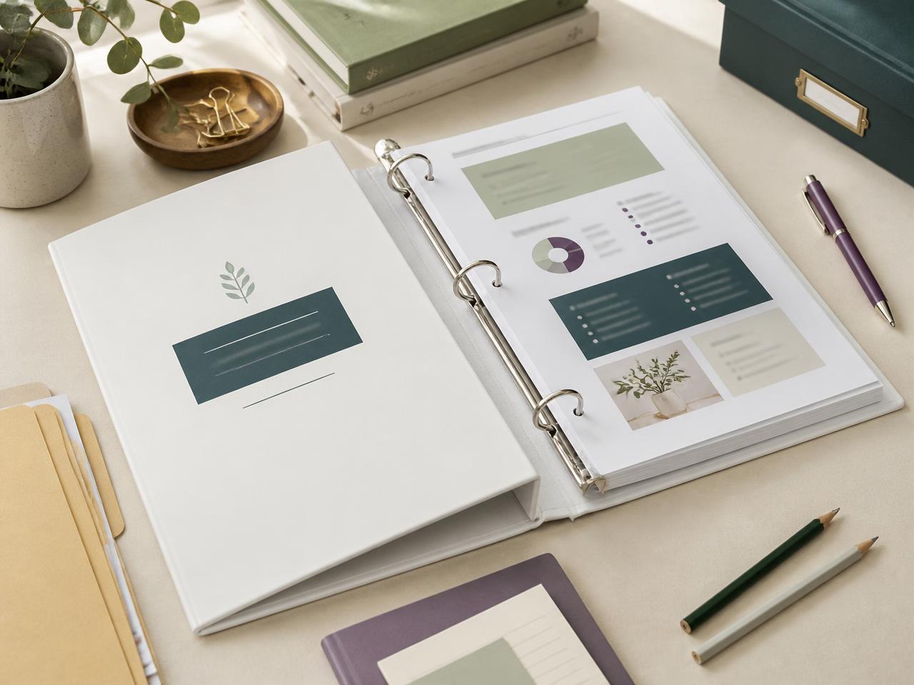 An open three-ring classroom binder on a desk with manila folders, pencils and a purple pen