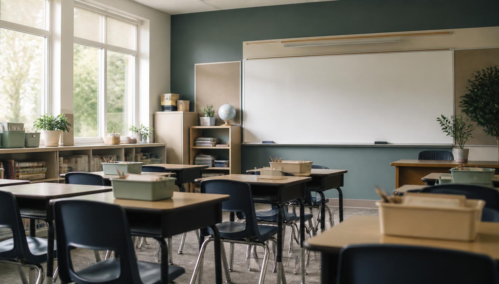 A tidy upper-elementary classroom with labeled supply bins and empty desks in morning light