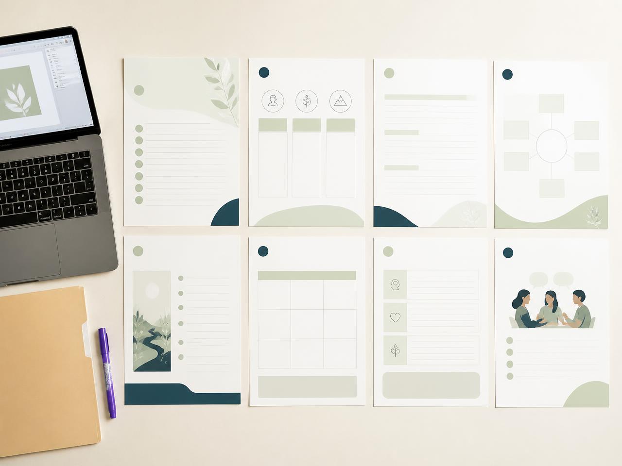 Printed binder pages laid out in a grid beside a laptop showing the editable slides version