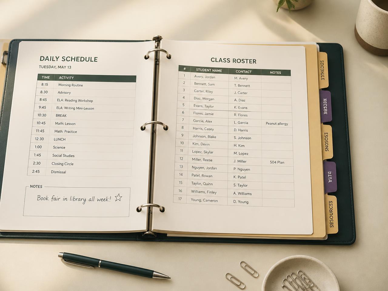 An open classroom reference binder showing a daily schedule and class roster page with tabbed dividers