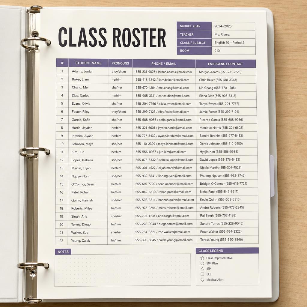 Printed class roster page in an open binder