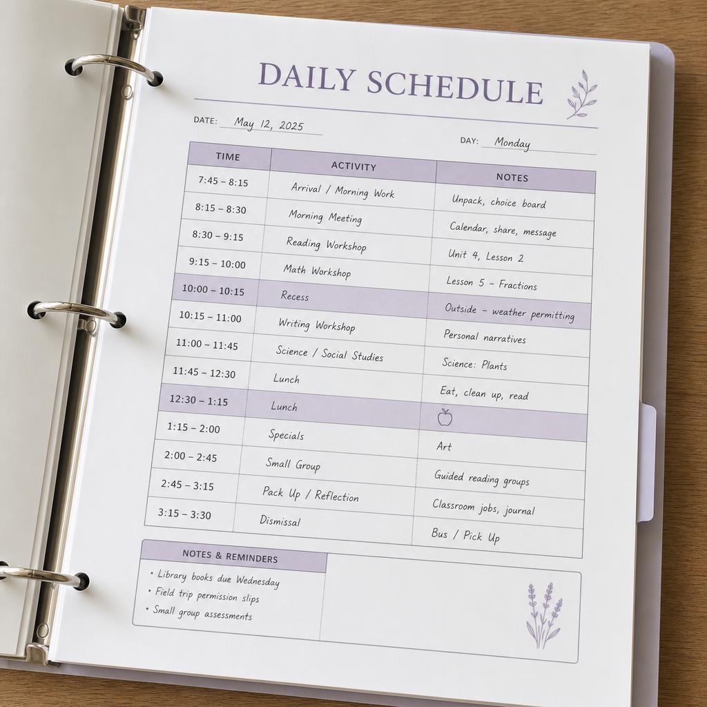 Printed daily schedule page with time blocks