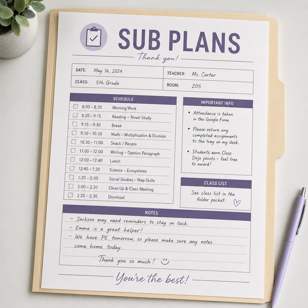 Printed sub plans page in a manila folder