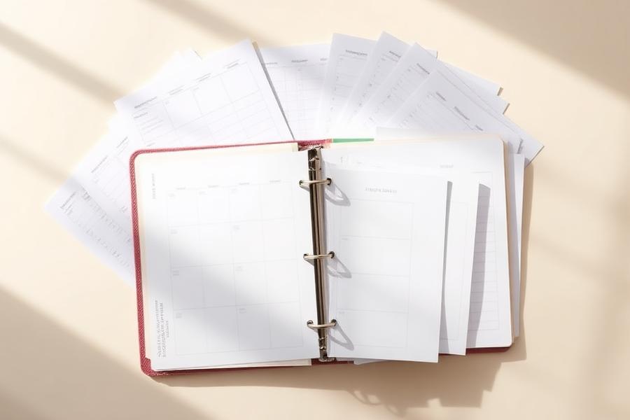 Full binder of tabbed dividers with monthly planning sheets fanned out